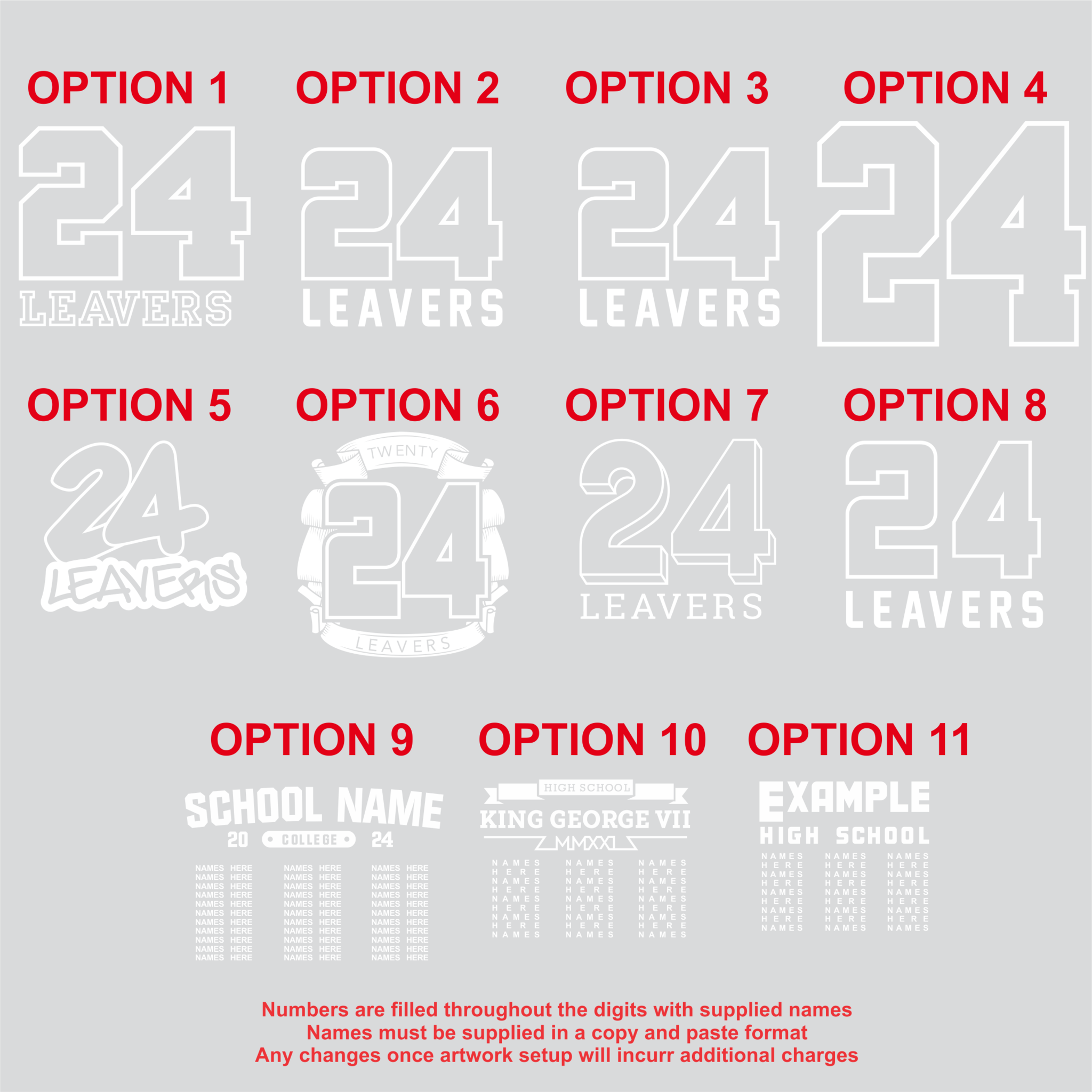 Design options for ‘24 LEAVERS’ apparel showcasing various styles and placements of text and numbers, including school name customization, in monochrome templates.